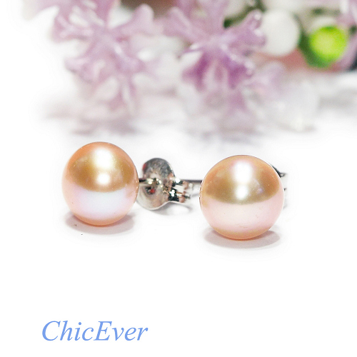 Ohrstecker 8353 - Süßwasserperlen 7mm lachsrosa 925er Silber - zum Schließen ins Bild klicken